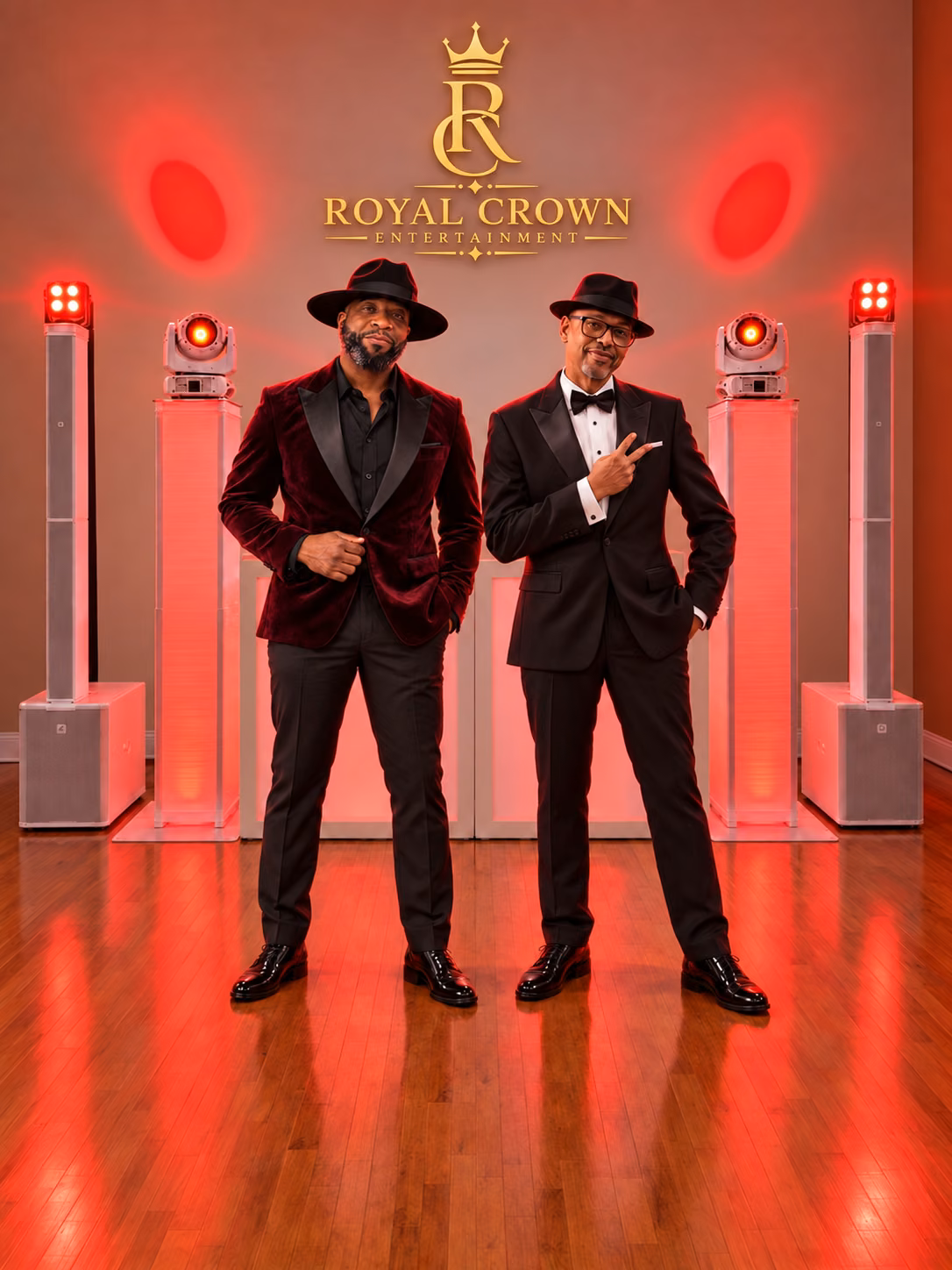 DJ Grizzly and DJ EV in front of the Royal Crown setup